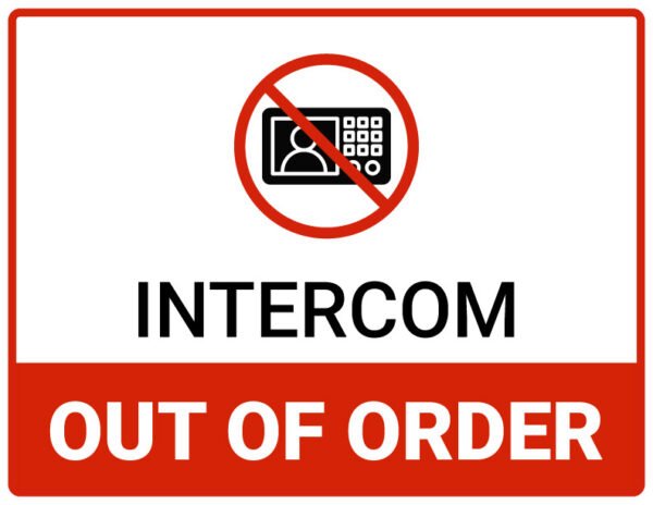 Printable 'Intercom Out of Order' notice PDF for office and school use to notify about system malfunction.