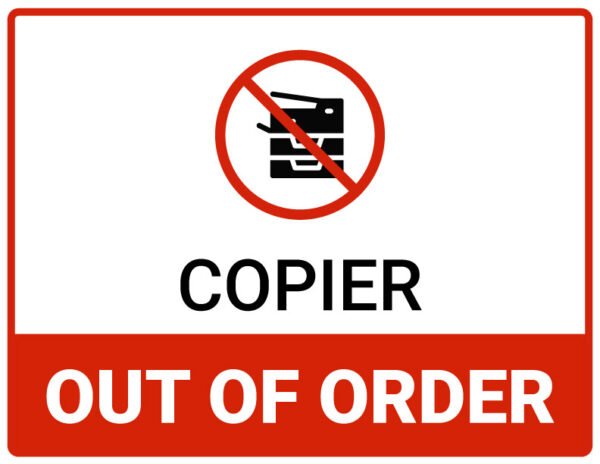 Copier out of order sign in red and white – printable PDF in landscape format